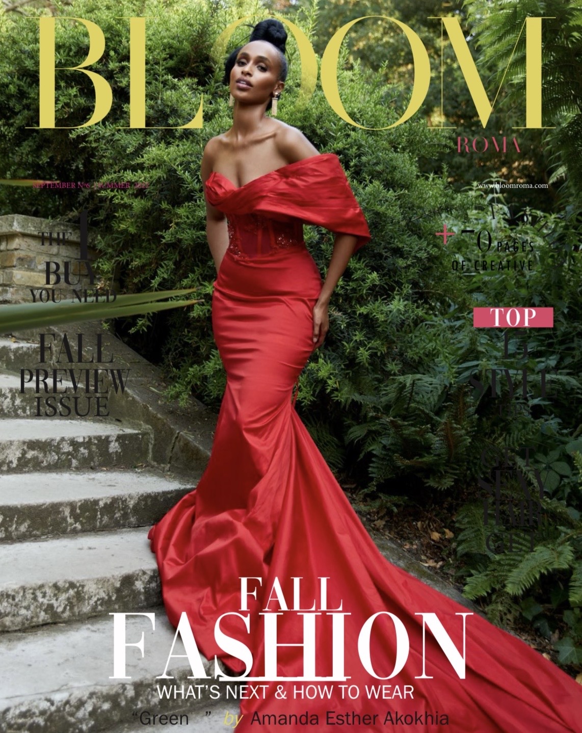 Bloom Roma cover with a model in a red gown on garden steps