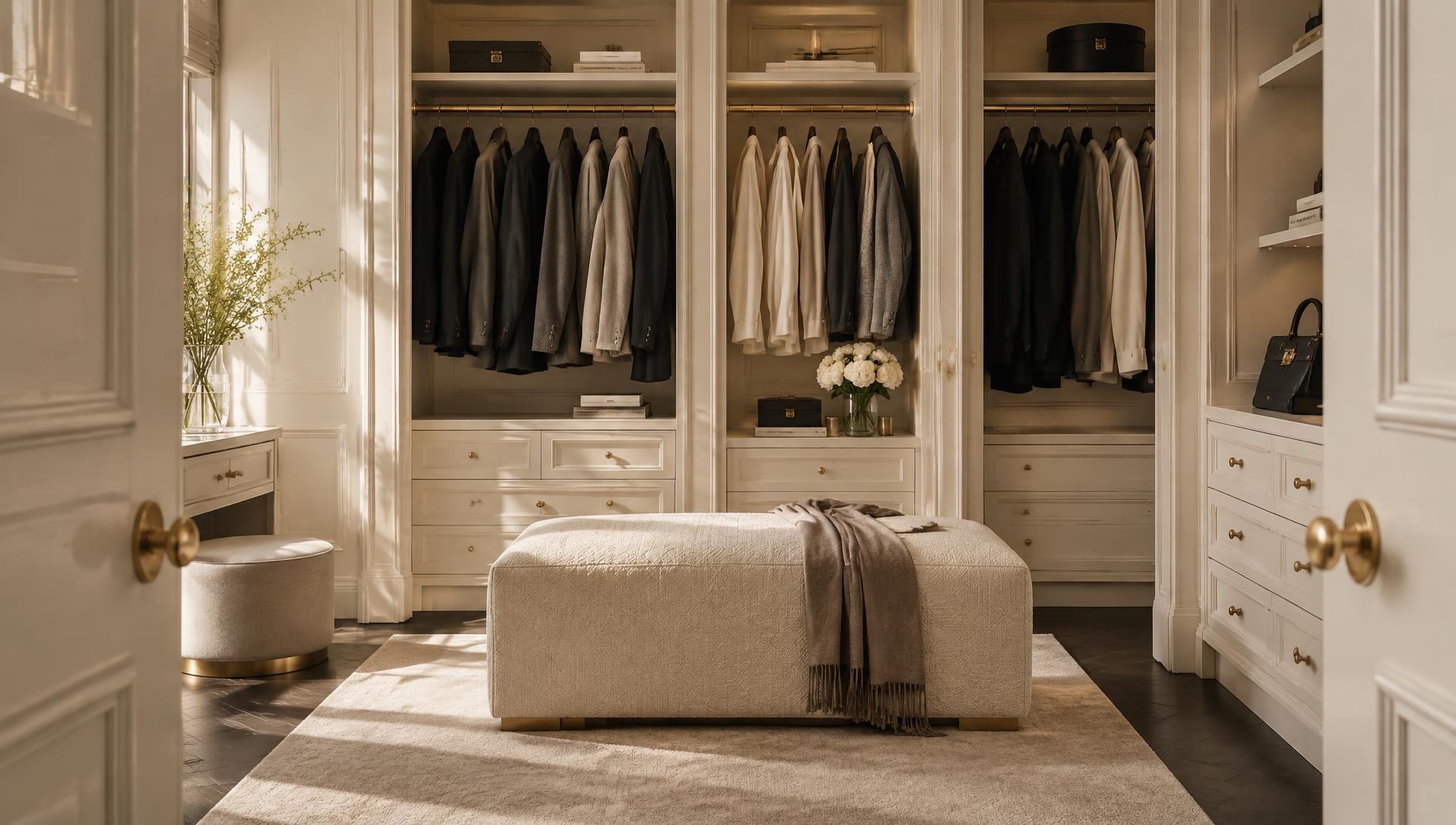 An elegant private dressing room with tailored clothing