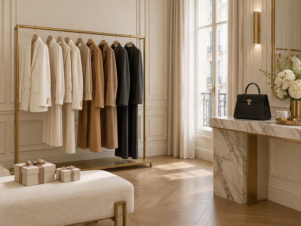 An elegant boutique salon with tailored garments on a gold rail